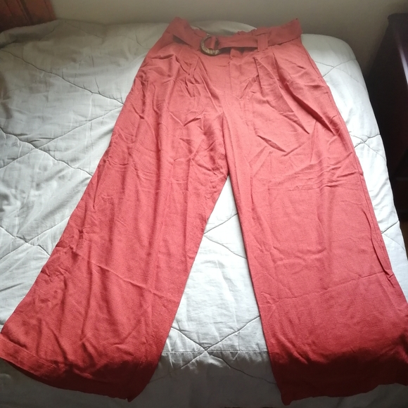 LILY MORGAN Rust Red Wide Leg Trousers Tortoise Shell Belt Linen Blend Large - Picture 2 of 10
